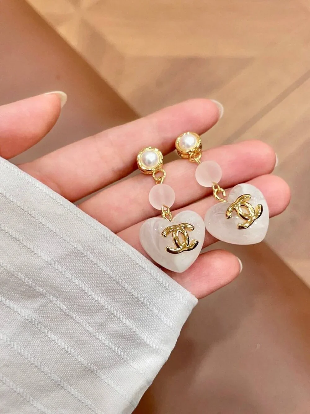 Chanel White Frosted Heart CC Pearl Chain Drop Dangle Earrings Pair Designer Pie